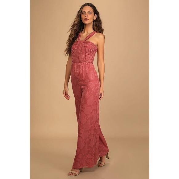 Lulus Lovely Celebration Rose Pink Floral Burnout Chiffon Jumpsuit  NWT - Picture 3 of 5